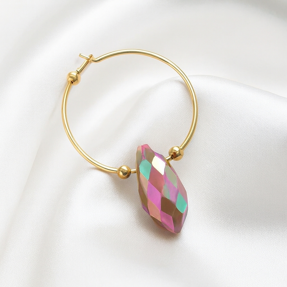 Gold Hoop Earring, Iridescent Faceted Bead – Chic Color-Shifting Fashion Jewelry
